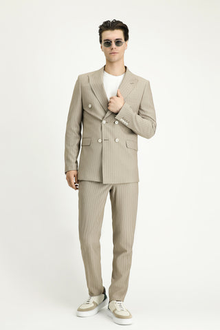  Orta Vizon 7 Drop Slim Fit Dar Kesim Beli Lastikli Likralı Çizgili Klasik Kumaş Pantolon