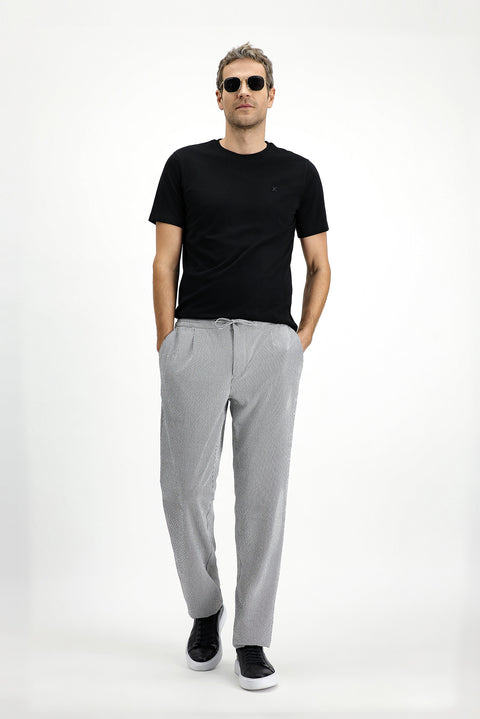 Siyah 6 Drop Regular Fit Standart Kesim Likralı Çizgili Beli Lastikli İpli Pileli Klasik Kumaş Pantolon