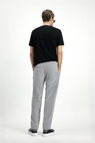  Siyah Regular Fit Likralı Çizgili Beli Lastikli İpli Pileli Klasik Kumaş Pantolon