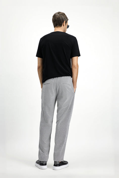 Siyah 6 Drop Regular Fit Standart Kesim Likralı Çizgili Beli Lastikli İpli Pileli Klasik Kumaş Pantolon