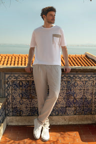  Açık Vizon Regular Fit Likralı Çizgili Beli Lastikli İpli Pileli Klasik Kumaş Pantolon