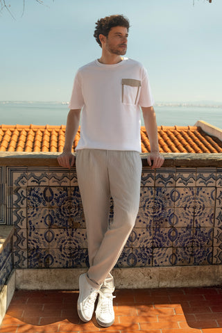  Açık Vizon Regular Fit Likralı Çizgili Beli Lastikli İpli Pileli Klasik Kumaş Pantolon