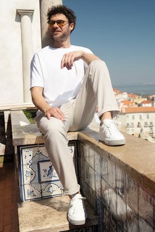  Açık Vizon Regular Fit Likralı Çizgili Beli Lastikli İpli Pileli Klasik Kumaş Pantolon