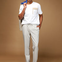 Açık Vizon 6 Drop Regular Fit Standart Kesim Likralı Çizgili Beli Lastikli İpli Pileli Klasik Kumaş Pantolon