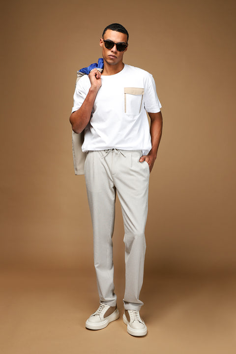 Açık Vizon 6 Drop Regular Fit Standart Kesim Likralı Çizgili Beli Lastikli İpli Pileli Klasik Kumaş Pantolon