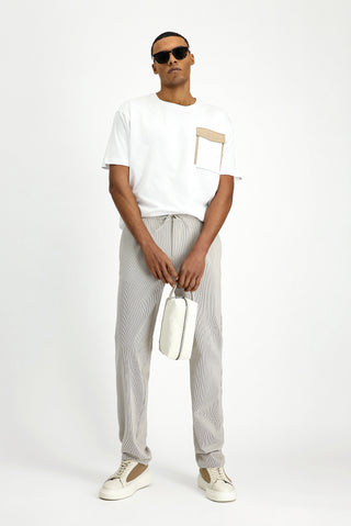  Açık Vizon Regular Fit Likralı Çizgili Beli Lastikli İpli Pileli Klasik Kumaş Pantolon