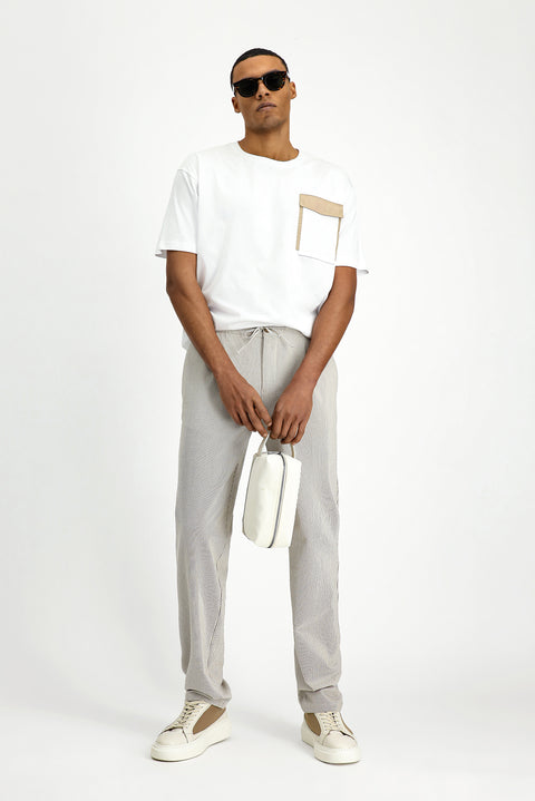 Açık Vizon 6 Drop Regular Fit Standart Kesim Likralı Çizgili Beli Lastikli İpli Pileli Klasik Kumaş Pantolon