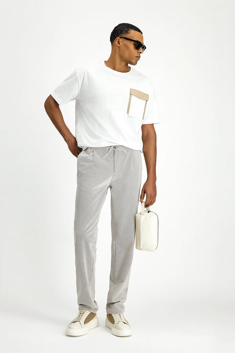 Açık Vizon 6 Drop Regular Fit Standart Kesim Likralı Çizgili Beli Lastikli İpli Pileli Klasik Kumaş Pantolon