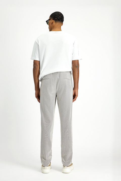 Açık Vizon 6 Drop Regular Fit Standart Kesim Likralı Çizgili Beli Lastikli İpli Pileli Klasik Kumaş Pantolon