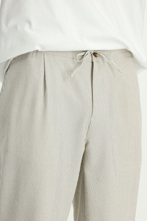 Açık Vizon 6 Drop Regular Fit Standart Kesim Likralı Çizgili Beli Lastikli İpli Pileli Klasik Kumaş Pantolon