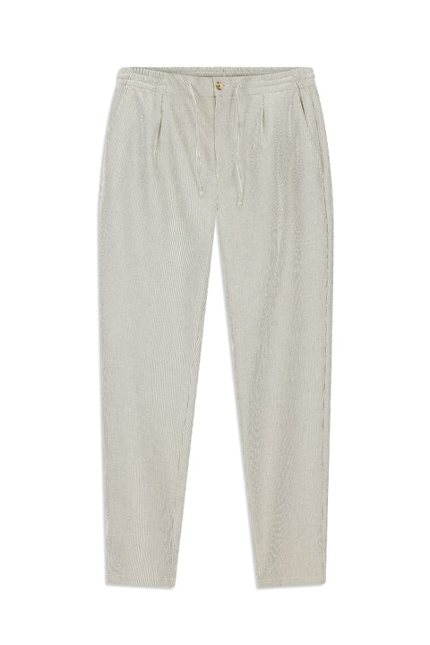 Açık Vizon 6 Drop Regular Fit Standart Kesim Likralı Çizgili Beli Lastikli İpli Pileli Klasik Kumaş Pantolon