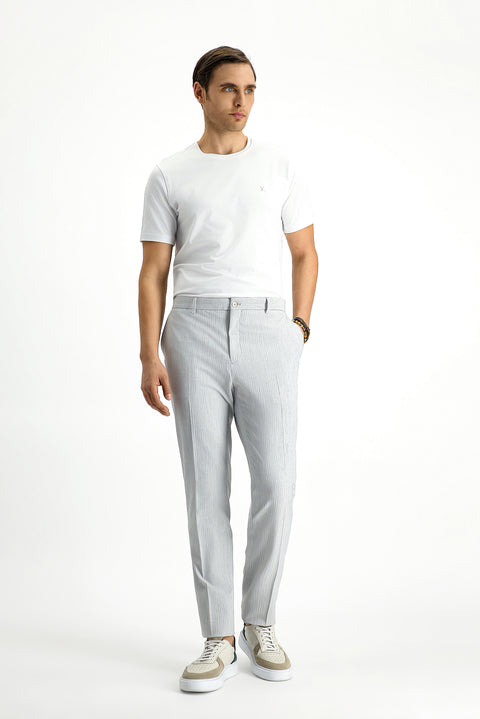 Açık Gri 7 Drop Super Slim Fit Eksra Dar Kesim Likralı Çizgili Klasik Kumaş Pantolon