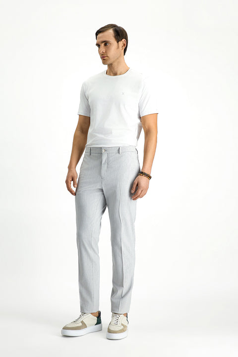 Açık Gri 7 Drop Super Slim Fit Eksra Dar Kesim Likralı Çizgili Klasik Kumaş Pantolon