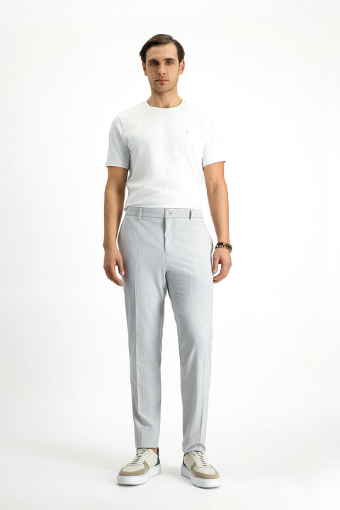 Açık Gri 7 Drop Super Slim Fit Eksra Dar Kesim Likralı Çizgili Klasik Kumaş Pantolon