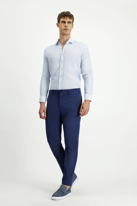 Açık Lacivert 7 Drop Super Slim Fit Eksra Dar Kesim Likralı Çizgili Klasik Kumaş Pantolon