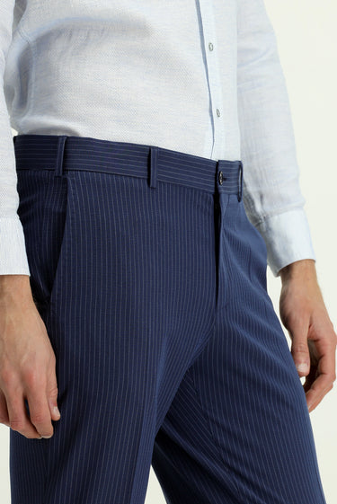Açık Lacivert Super Slim Fit Ekstra Dar Kesim Likralı Çizgili Klasik Kumaş Pantolon