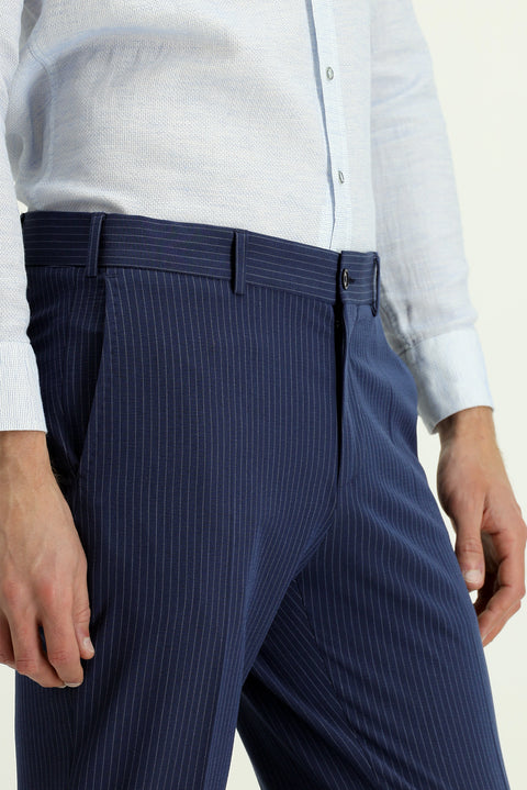 Açık Lacivert 7 Drop Super Slim Fit Eksra Dar Kesim Likralı Çizgili Klasik Kumaş Pantolon