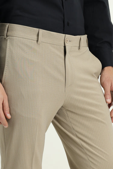 Açık Vizon Super Slim Fit Ekstra Dar Kesim Likralı Çizgili Klasik Kumaş Pantolon