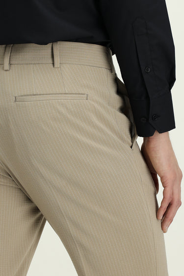 Açık Vizon Super Slim Fit Ekstra Dar Kesim Likralı Çizgili Klasik Kumaş Pantolon