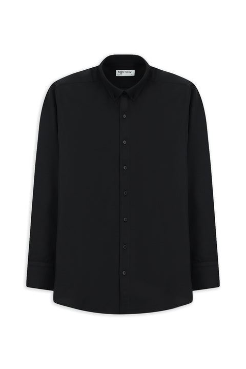 Siyah Uzun Kol Regular Fit Düğmeli Yaka Pamuklu Kolay Ütülenebilir Gömlek