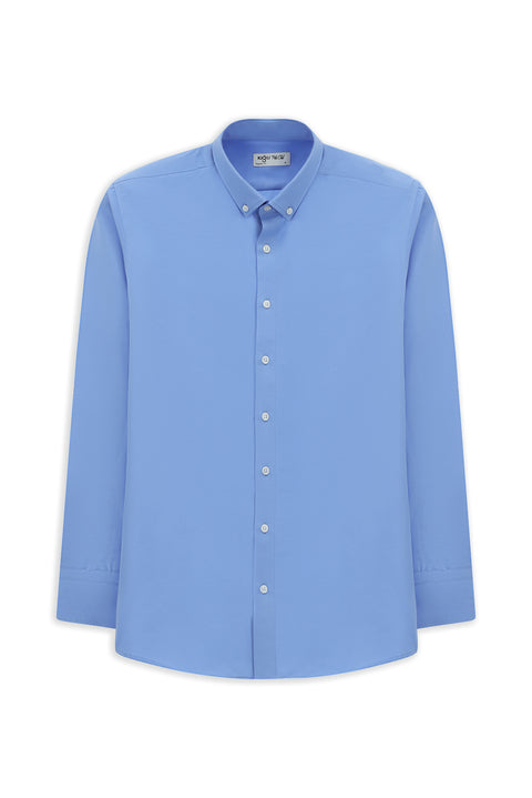 Açık Mavi Uzun Kol Regular Fit Düğmeli Yaka Pamuklu Kolay Ütülenebilir Gömlek