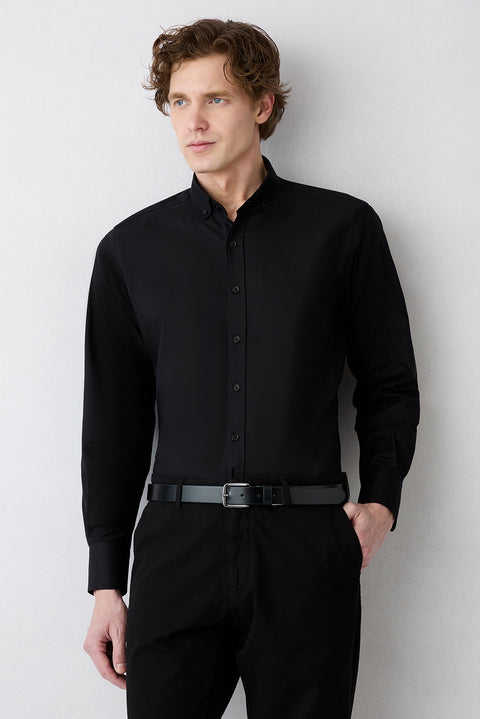 Siyah Uzun Kol Regular Fit Düğmeli Yaka Pamuk Oxford 4 Mevsim Gömlek
