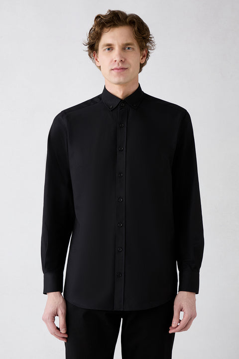 Siyah Uzun Kol Regular Fit Düğmeli Yaka Pamuk Oxford 4 Mevsim Gömlek