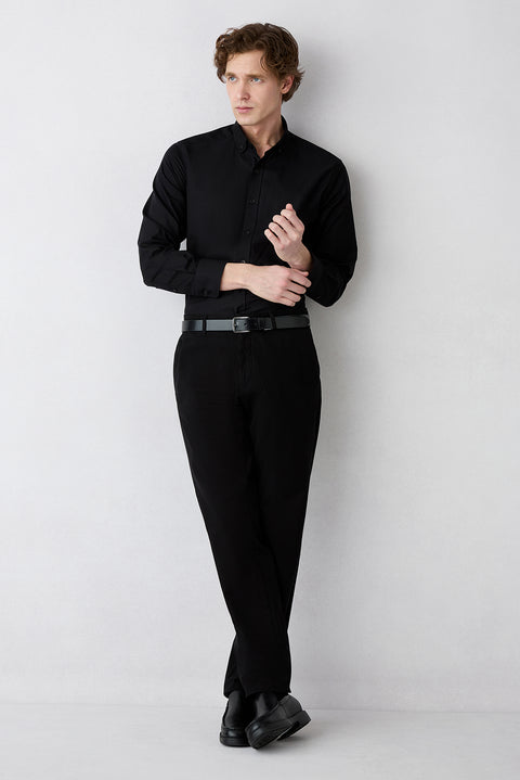 Siyah Uzun Kol Regular Fit Düğmeli Yaka Pamuk Oxford 4 Mevsim Gömlek