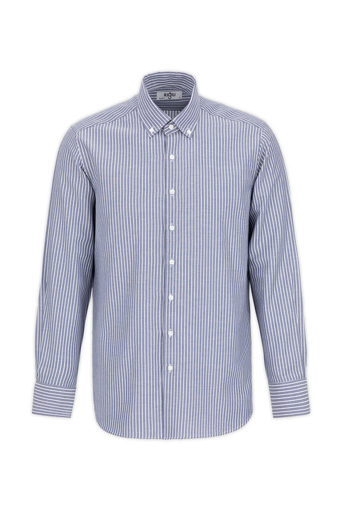 Koyu Lacivert Uzun Kol Regular Fit Çizgili Düğmeli Yaka Pamuklu Kolay Ütülenebilir Gömlek