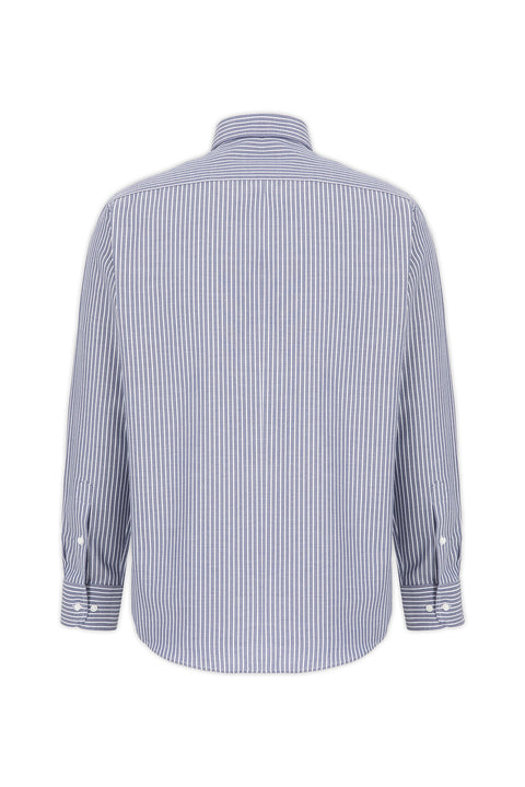 Koyu Lacivert Uzun Kol Regular Fit Çizgili Düğmeli Yaka Pamuklu Kolay Ütülenebilir Gömlek