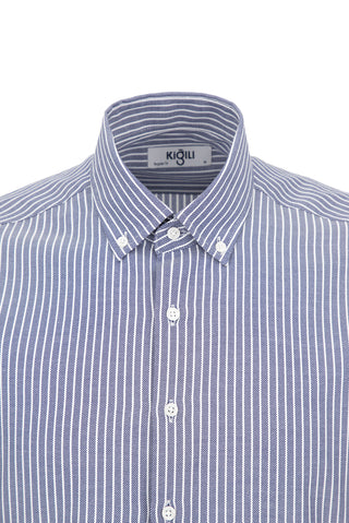  Koyu Lacivert Uzun Kol Regular Çizgili Pamuklu Gömlek