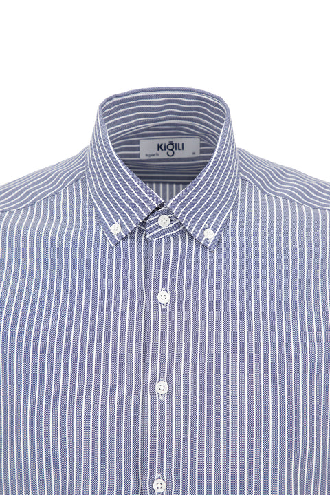 Koyu Lacivert Uzun Kol Regular Fit Çizgili Düğmeli Yaka Pamuklu Kolay Ütülenebilir Gömlek