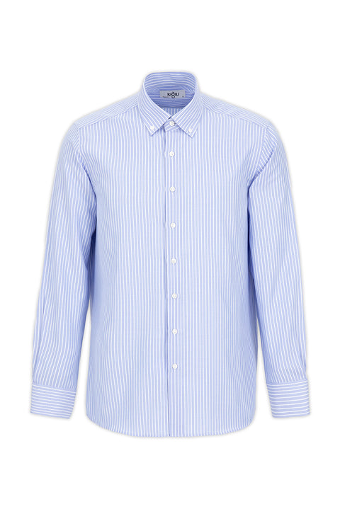 Açık Mavi Uzun Kol Regular Fit Çizgili Düğmeli Yaka Pamuklu Kolay Ütülenebilir Gömlek