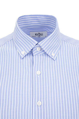  Açık Mavi Uzun Kol Regular Çizgili Pamuklu Gömlek