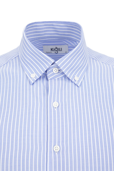 Açık Mavi Uzun Kol Regular Fit Çizgili Düğmeli Yaka Pamuklu Kolay Ütülenebilir Gömlek