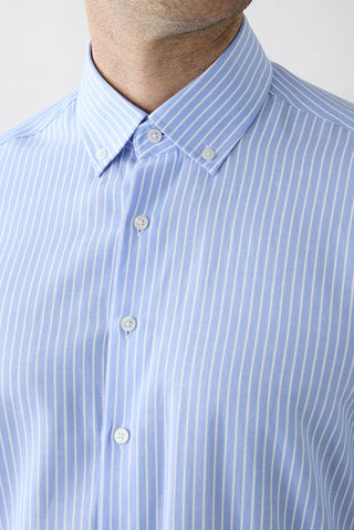  Açık Mavi Uzun Kol Regular Fit Çizgili Düğmeli Yaka Pamuklu Kolay Ütülenebilir Gömlek