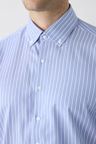  Koyu Mavi  Uzun Kol Regular Fit Çizgili Düğmeli Yaka Pamuklu Kolay Ütülenebilir Gömlek