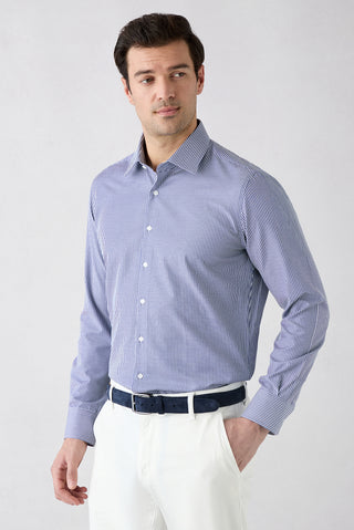  Koyu Lacivert Uzun Kol Slim Fit Çizgili Klasik Yaka Pamuklu Kolay Ütülenebilir Gömlek