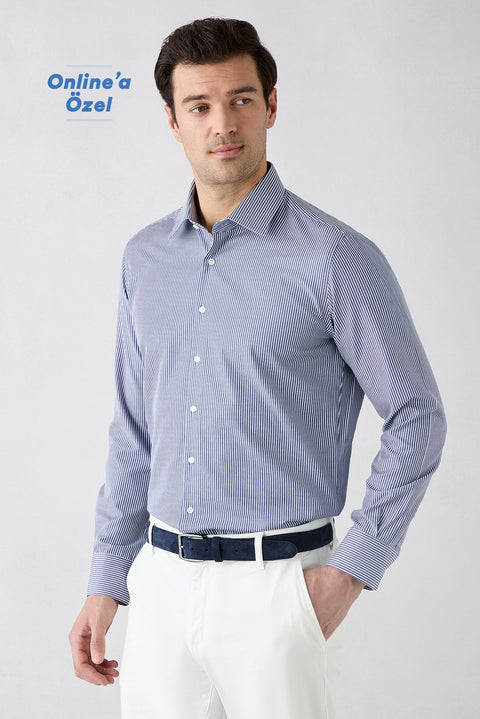 Koyu Lacivert Uzun Kol Slim Fit Çizgili Klasik Yaka Pamuklu Kolay Ütülenebilir Gömlek