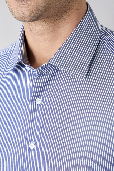 Koyu Lacivert Uzun Kol Slim Fit Çizgili Klasik Yaka Pamuklu Kolay Ütülenebilir Gömlek