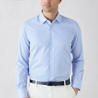 Açık Mavi Uzun Kol Slim Fit Çizgili Klasik Yaka Pamuklu Kolay Ütülenebilir Gömlek
