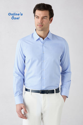  Açık Mavi Uzun Kol Slim Fit Çizgili Klasik Yaka Pamuklu Kolay Ütülenebilir Gömlek