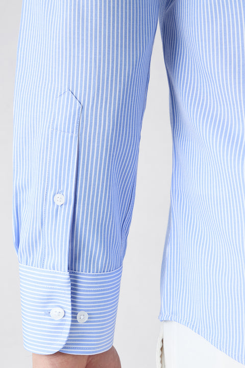 Açık Mavi Uzun Kol Slim Fit Çizgili Klasik Yaka Pamuklu Kolay Ütülenebilir Gömlek