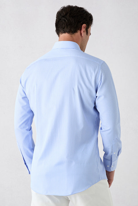 Açık Mavi Uzun Kol Slim Fit Çizgili Klasik Yaka Pamuklu Kolay Ütülenebilir Gömlek