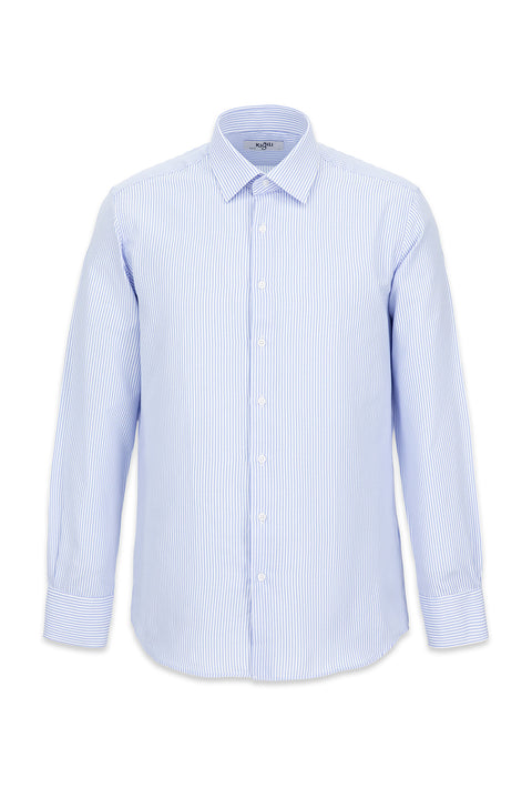 Açık Mavi Uzun Kol Slim Fit Çizgili Klasik Yaka Pamuklu Kolay Ütülenebilir Gömlek