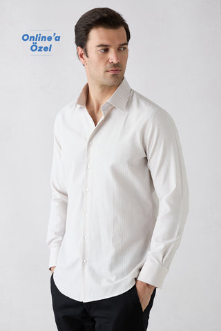  Orta Bej Uzun Kol Slim Fit Çizgili Klasik Yaka Pamuklu Kolay Ütülenebilir Gömlek