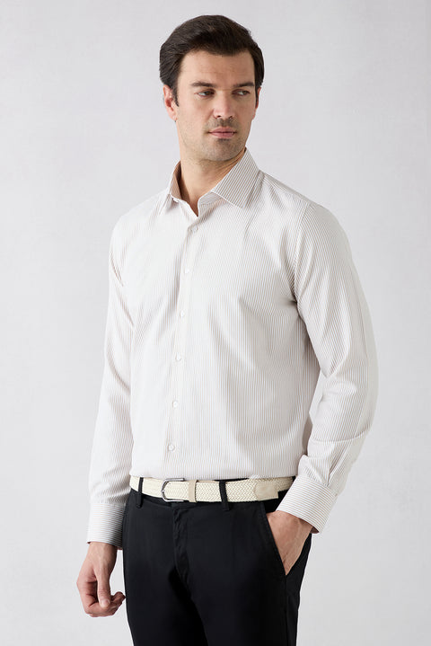 Orta Bej Uzun Kol Slim Fit Çizgili Klasik Yaka Pamuklu Kolay Ütülenebilir Gömlek