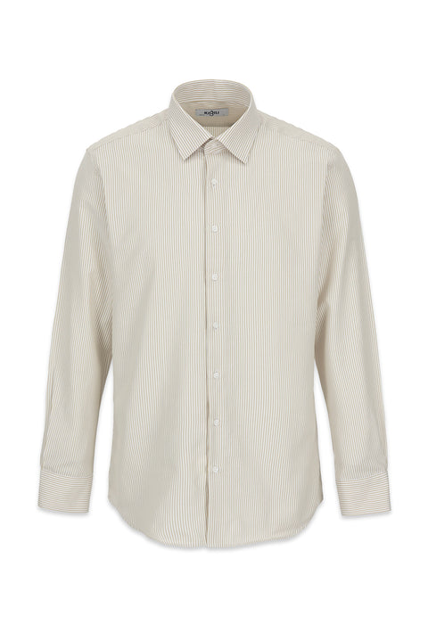 Orta Bej Uzun Kol Slim Fit Çizgili Klasik Yaka Pamuklu Kolay Ütülenebilir Gömlek