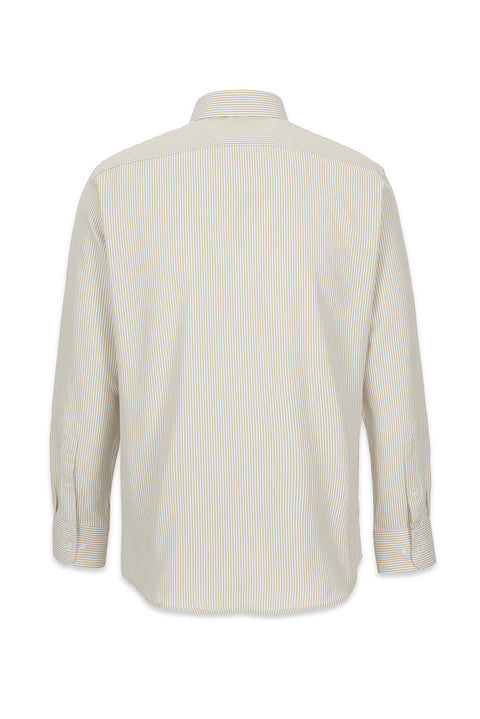 Orta Bej Uzun Kol Slim Fit Çizgili Klasik Yaka Pamuklu Kolay Ütülenebilir Gömlek