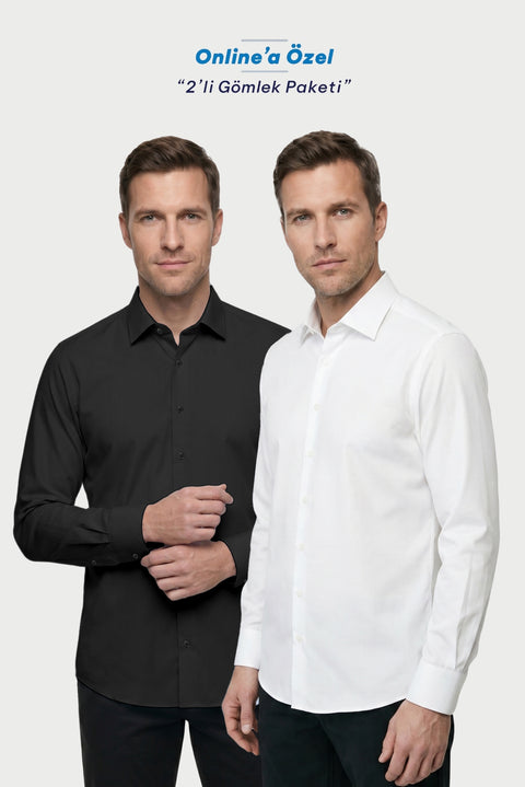 Siyah-Beyaz 2 'li Uzun Kol Regular Fit Pamuklu Ütü Gerektirmeyen Pamuklu Klasik Non Iron Gömlek Seti